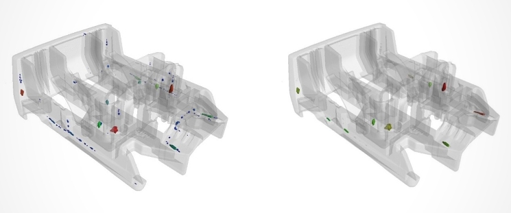 Farebné zobrazenie všetkých vnútorných defektov na základe objemu defektov (vľavo) a zobrazenie vybraných defektov na základe ich rozmeru (vpravo) - ZEISS